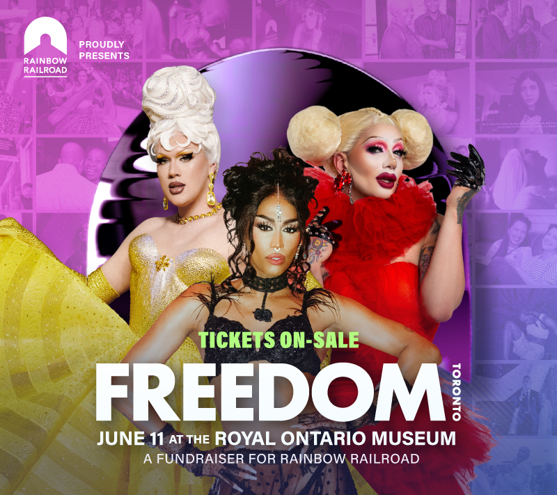 Freedom Party Toronto Flyer Ticket on Sale featuring drag queens Lemon, Priyanka, and Scarlett Bobo